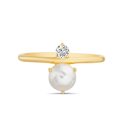 Anillo de perla y zirconia dorado