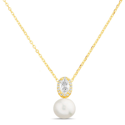 Collar de perla con zirconia ovalada dorado