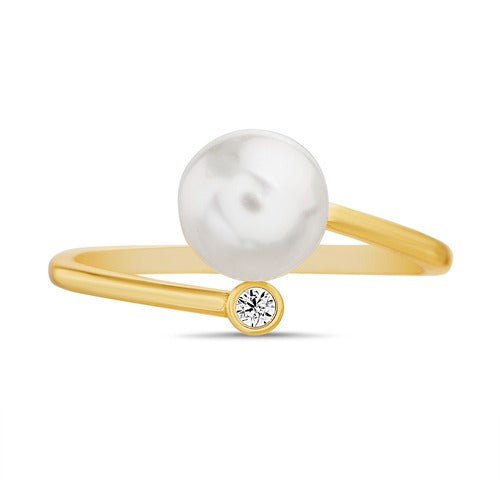 Anillo de perla y zirconia separadas dorado