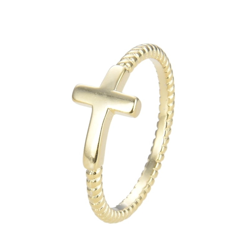 Anillo dorado en baguette y cruz