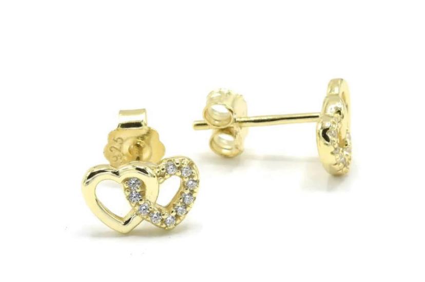 Aretes corazon doble lisa y zirconia dorado