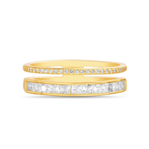 Anillo doble argolla zirconia y argolla baguette dorado