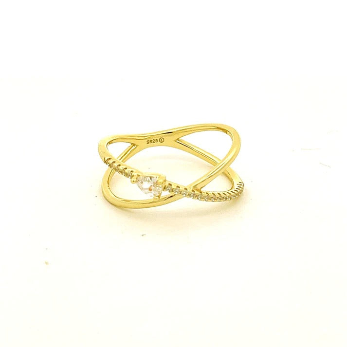 Anillo en cruz zirconia transparente con gota transparente dorado