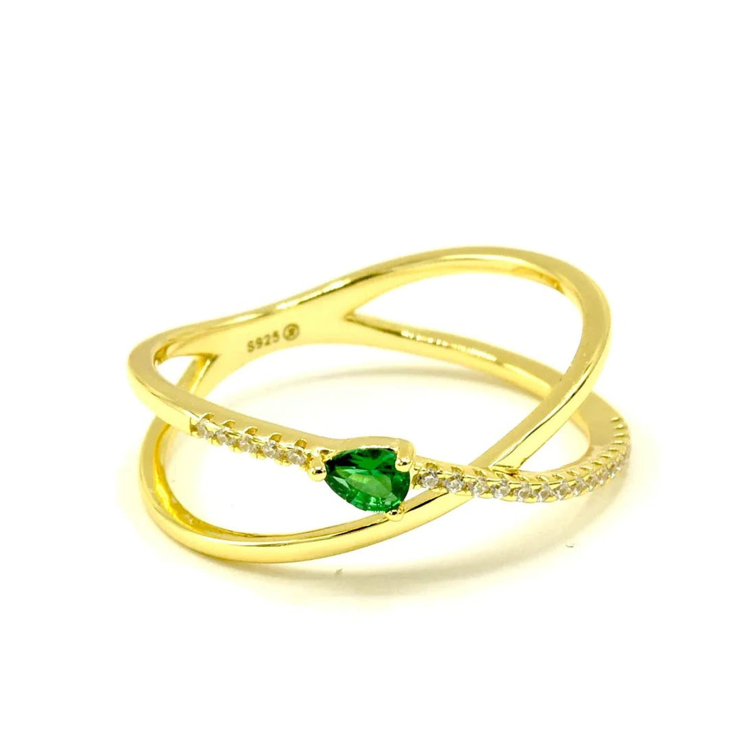 Anillo forma X zirconia transparente con gota verde dorado