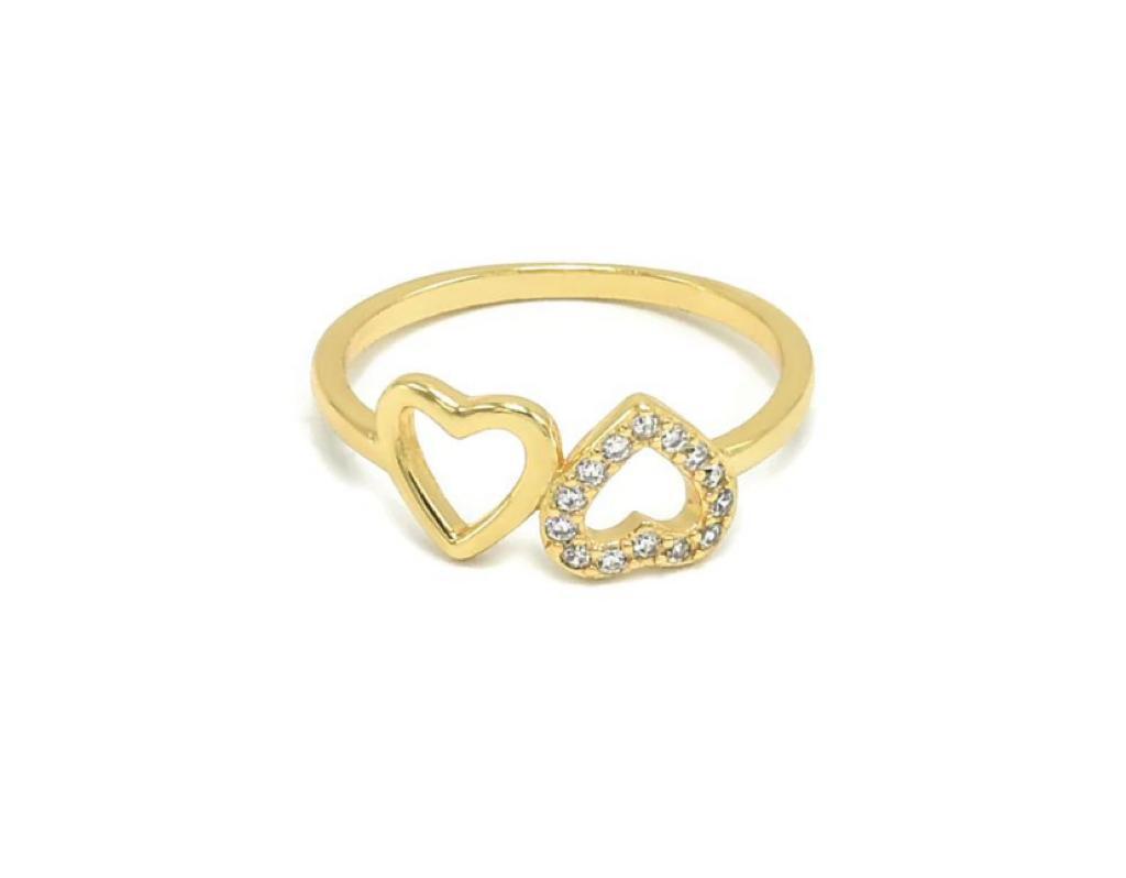Anillo doble corazón zirconia y liso dorado