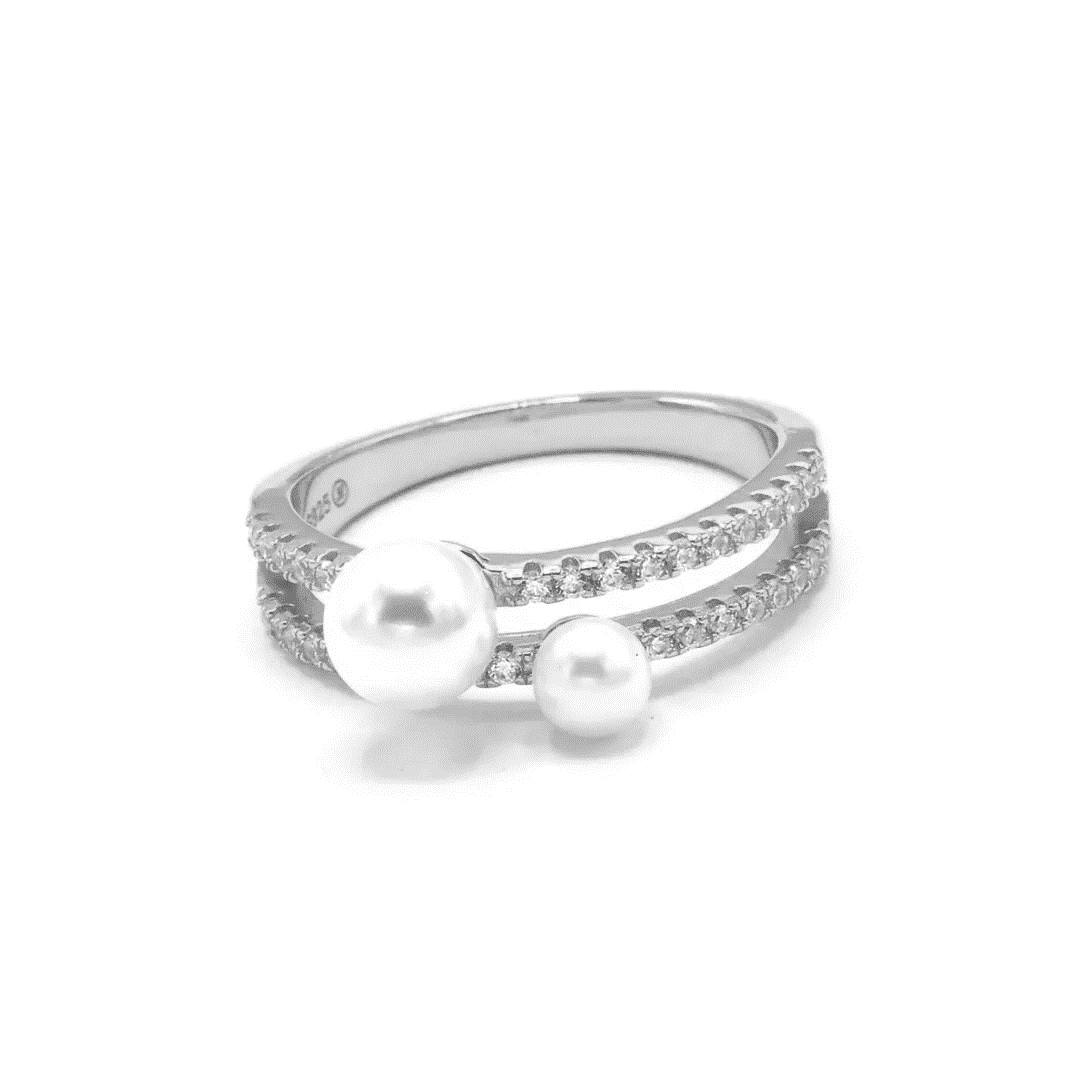 Anillo de zirconia con 2 perlas plateado