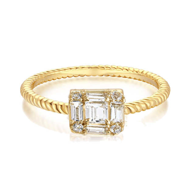 Anillo cuadrado con baguettes y zirconia, dorado